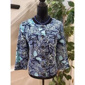 Character Club Womens Blue Floral Cotton Long Sleeve Button Down Jacket Sz Large